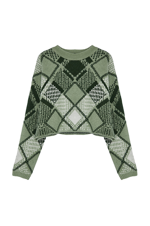 Mint Geniş Kalıp Crop Baklava Desenli Triko Kazak TWOAW24KZ01126 - 6