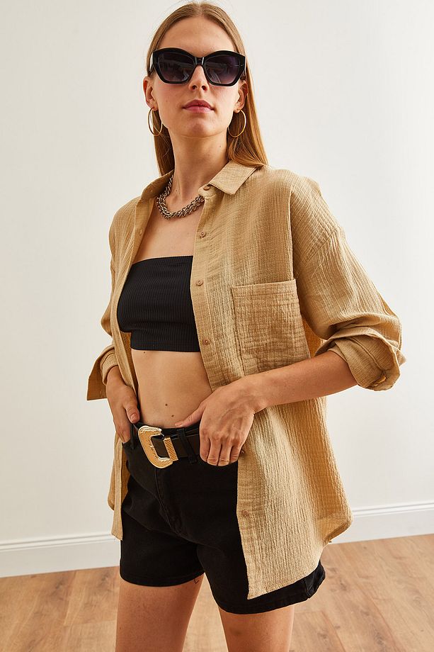 Kadın Camel Oversize Basic Müslin Gömlek GML-19001217 - 7