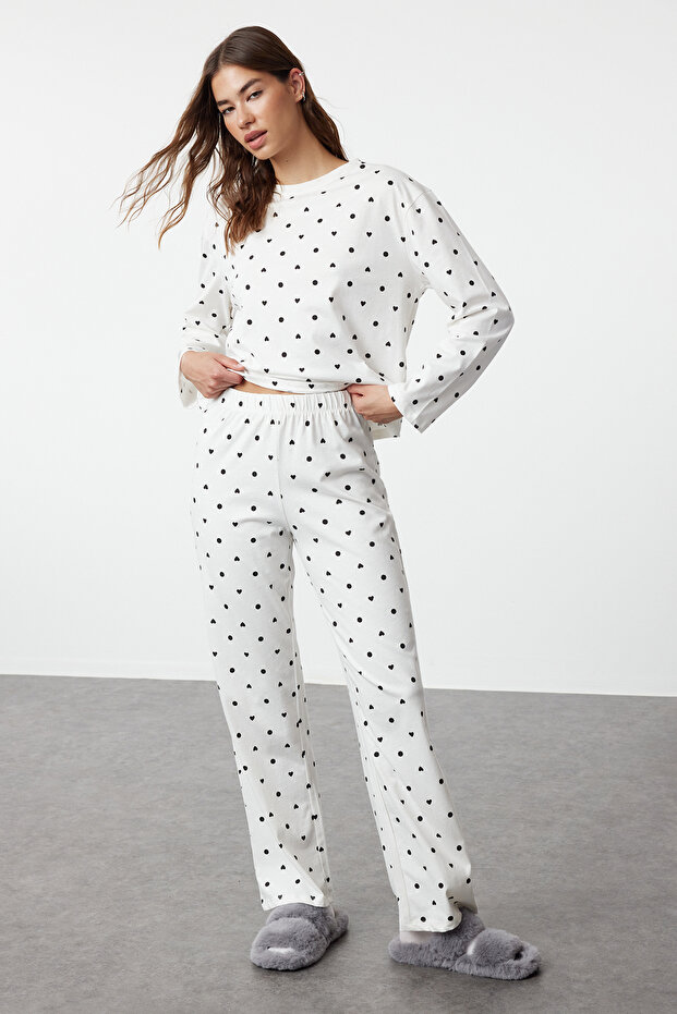 Beyaz %100 Pamuklu Puantiye ve Kalpli Örme Pijama Takımı THMAW25PT00039 - 3