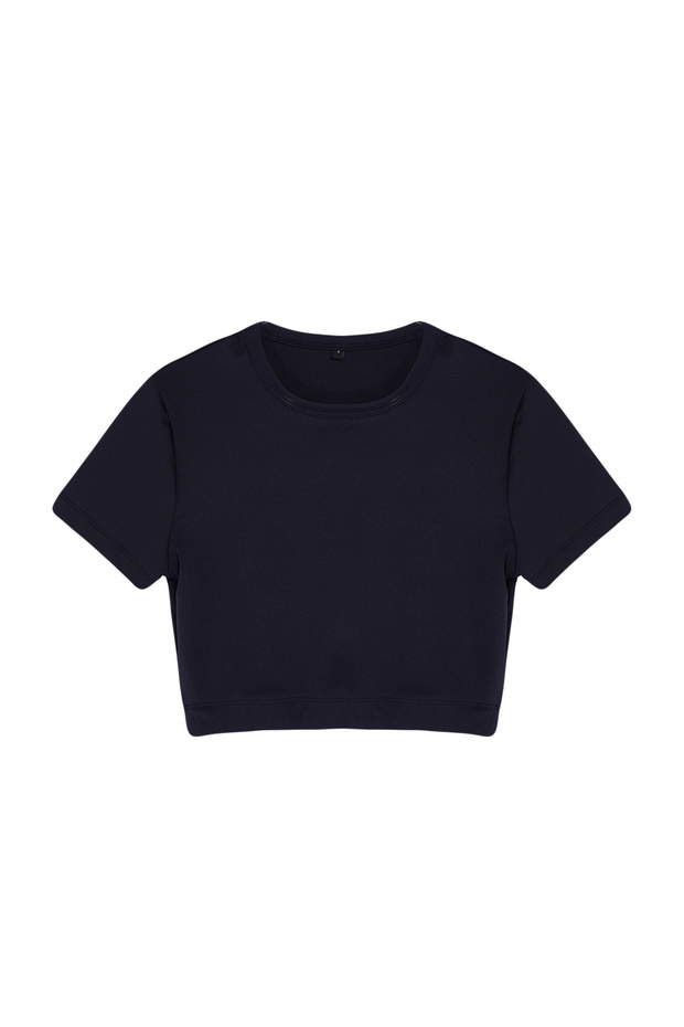 Koyu Lacivert Crop Hafif Destekli Yumuşak Dokulu Bisiklet Yaka Örme Spor Üst/Bluz TWOAW21BZ0158 - 6