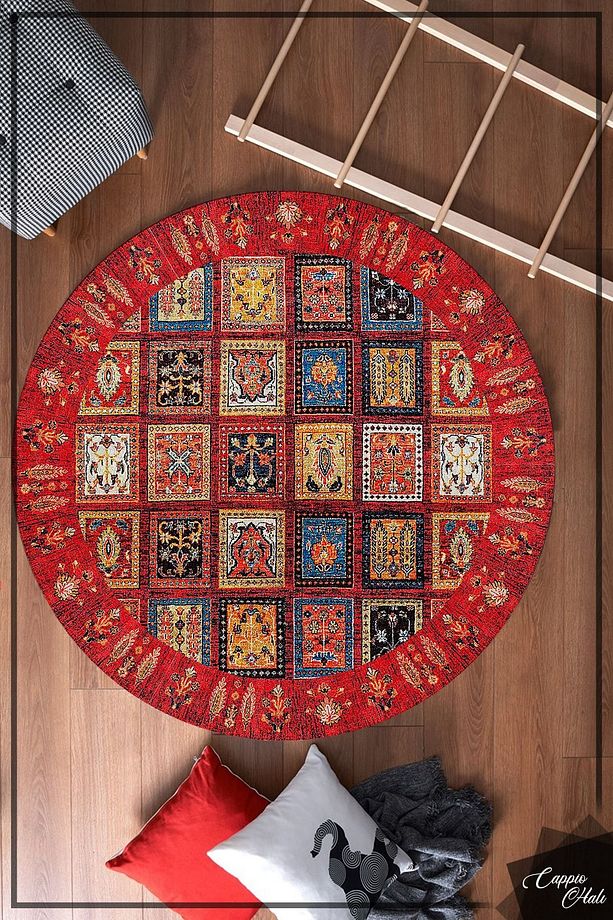 Kırmızı Afgan Desenli Yuvarlak Halı (makinada Yıkanabilir Kaymaz Deri Taban) - Cp650 - 2