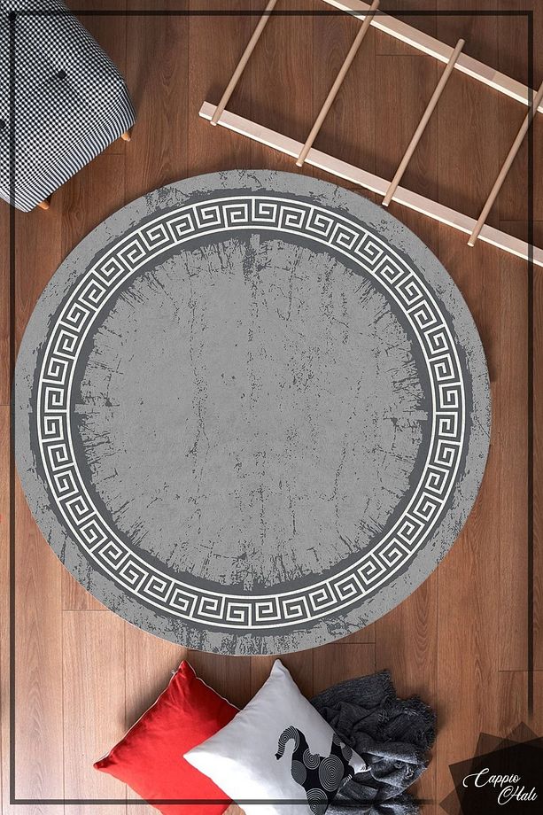 Gri Zincir Desenli Eskitme Yuvarlak Halı (kaymaz Deri Taban Makinada Yıkanabilir)-cp1082 - 2