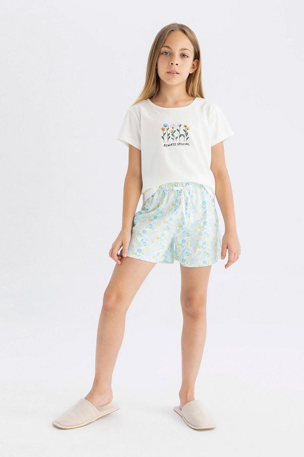 Kız Çocuk Pijama Takımı Bisiklet Yaka Baskılı Kısa Kollu Üst Şort D2915a824sm - 1
