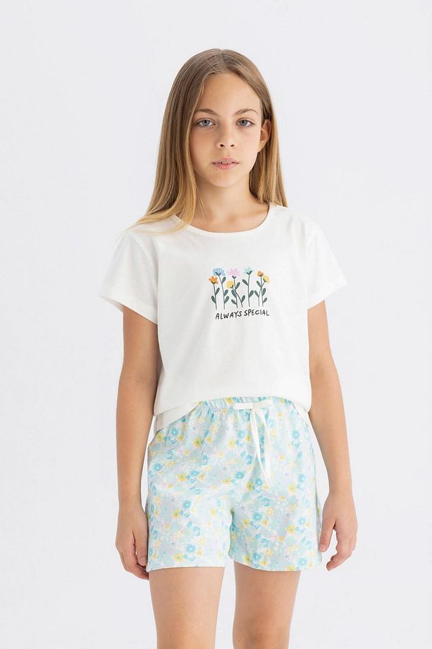 Kız Çocuk Pijama Takımı Bisiklet Yaka Baskılı Kısa Kollu Üst Şort D2915a824sm - 3