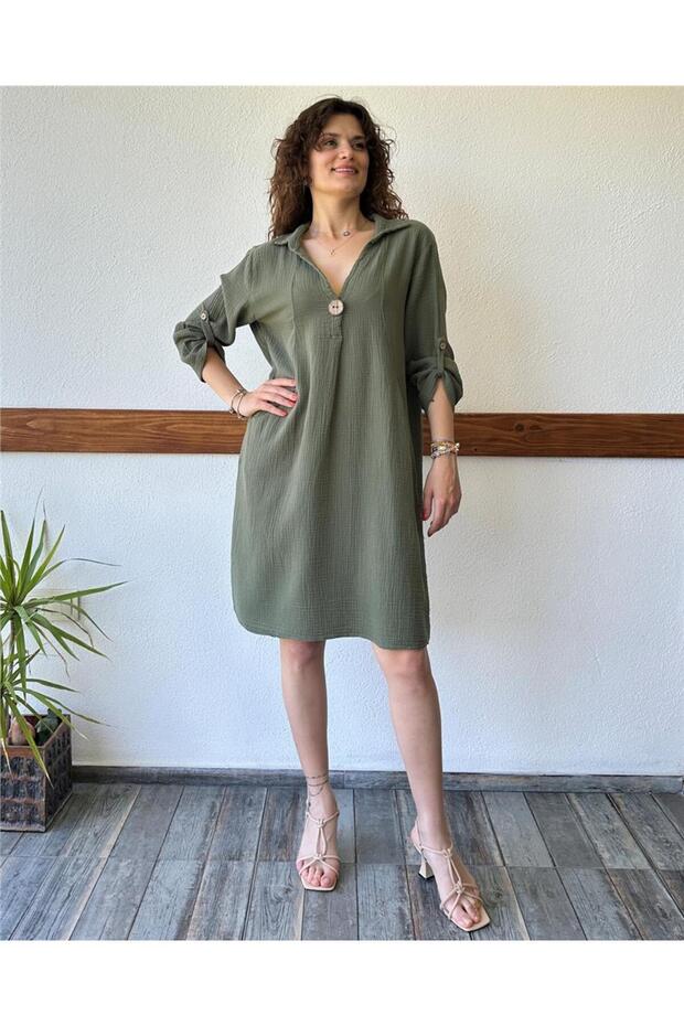 Khaki Muslin Dress with Pockets and Shirt Collar