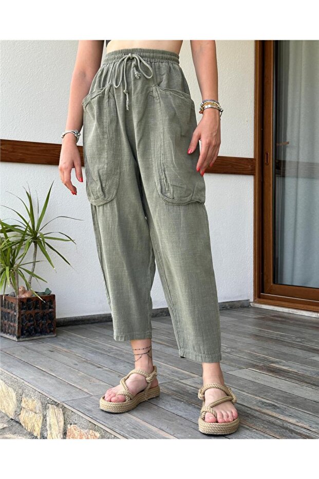 Khaki Cotton Linen Shalwar Trousers - Double Pocket