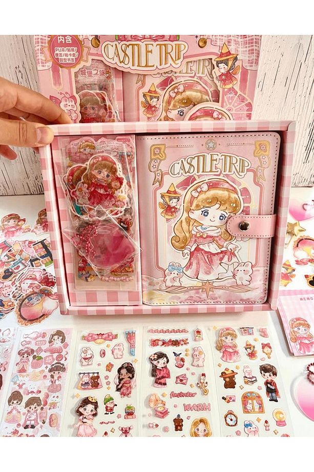 Sevimli Kız Pembe Kutu Dopdolu Binder Defter Hediye Seti / Kutu Set / Notebook / Bullet Journal - 2
