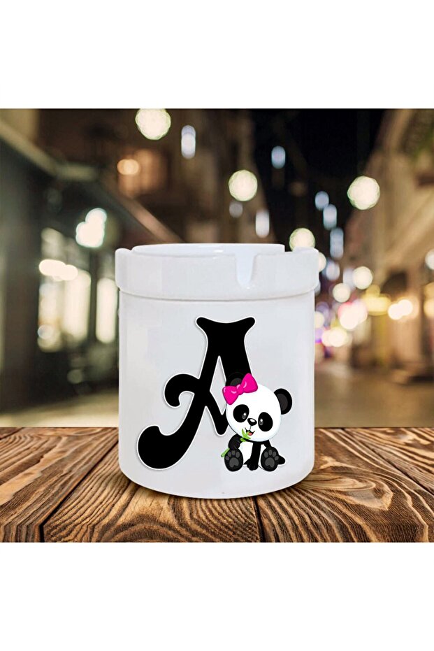 Panda Patterned Letter A Printed Ceramic Ashtray