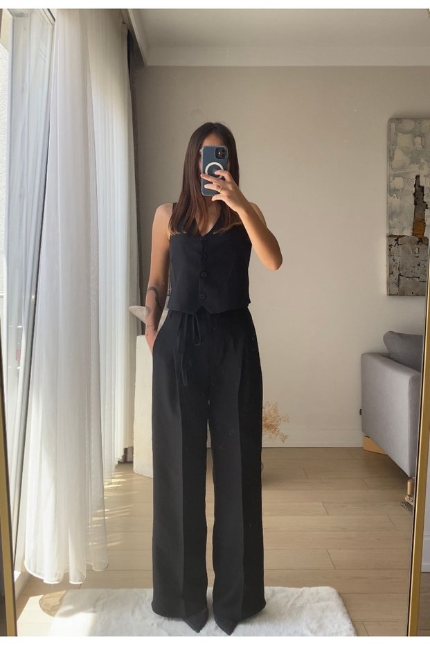 Women's Black Linen Trousers Vest Set