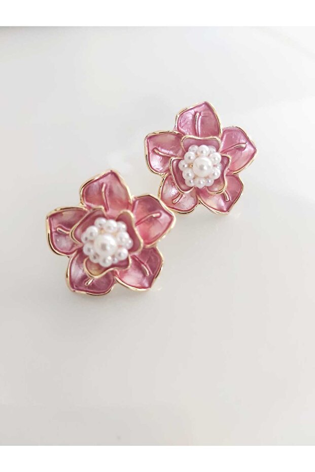 Pink Flower Earrings with Pearls