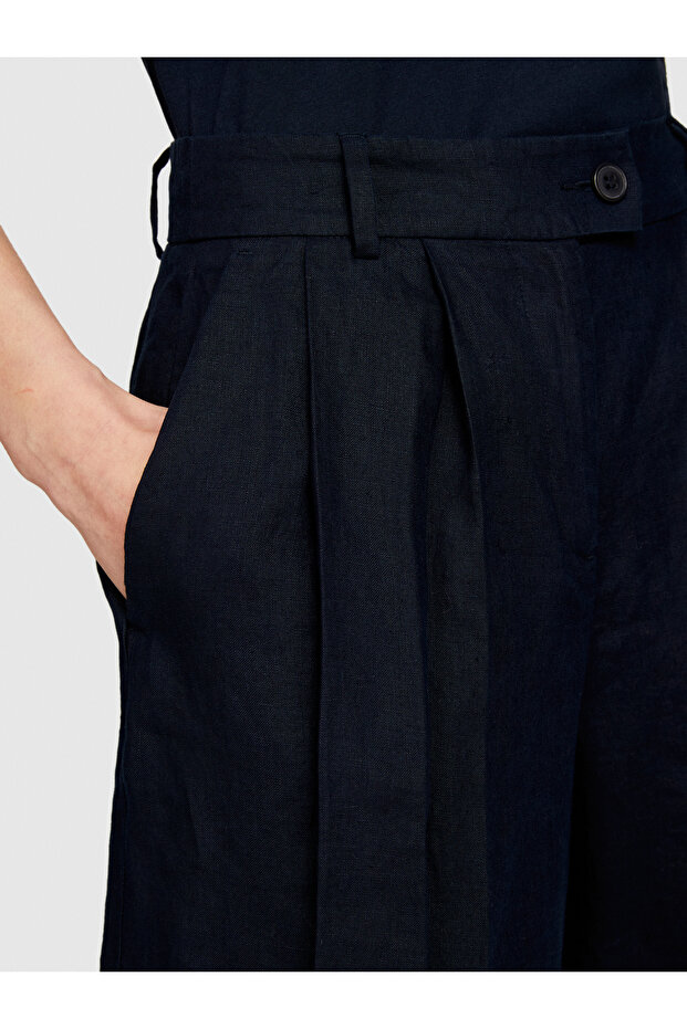 Kadın Lacivert %100 Keten Önü Çift Pileli Şort - 6