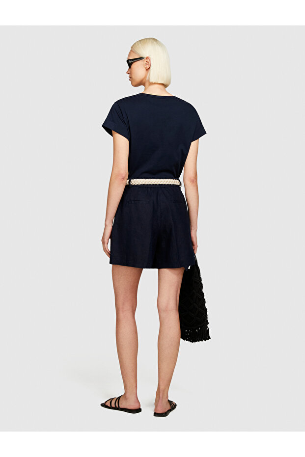 Kadın Lacivert %100 Keten Önü Çift Pileli Şort - 4