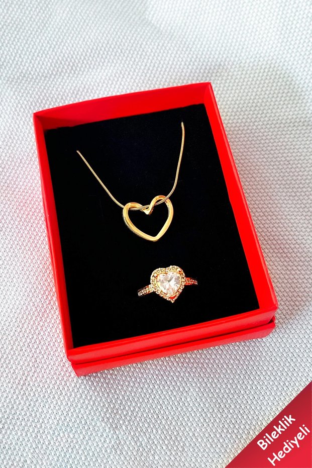 Italian Chain Heart Pendant Knot Steel Necklace and Gold Zircon Adjustable Ring