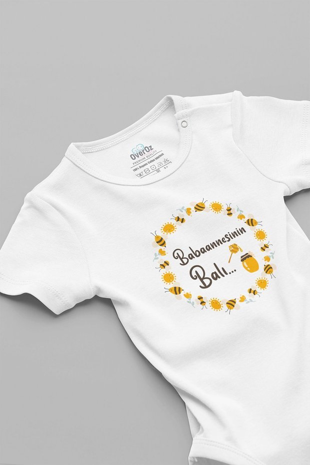 Honey Printed Organic Cotton Baby Bodysuit - Snap Fastener, Short Sleeve, Bodysuit Jumpsuit 5163