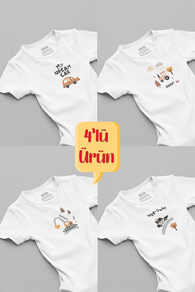 Car Patterned Organic Cotton Baby Bodysuit Set - 4-Piece Bodysuit and Bodysuit Four, 100% Cotton 5668-5669-5670-5671
