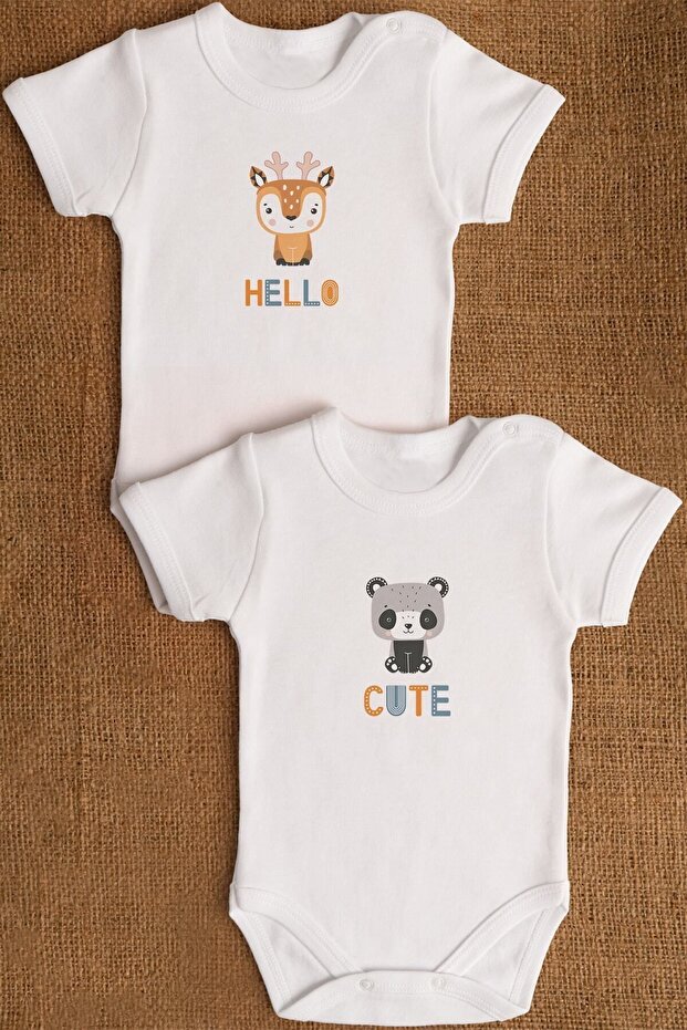 Organic Cotton Deer Panda Printed Baby Bodysuit Set of 2 - Bodysuit with Snap Fasteners 5356-5357