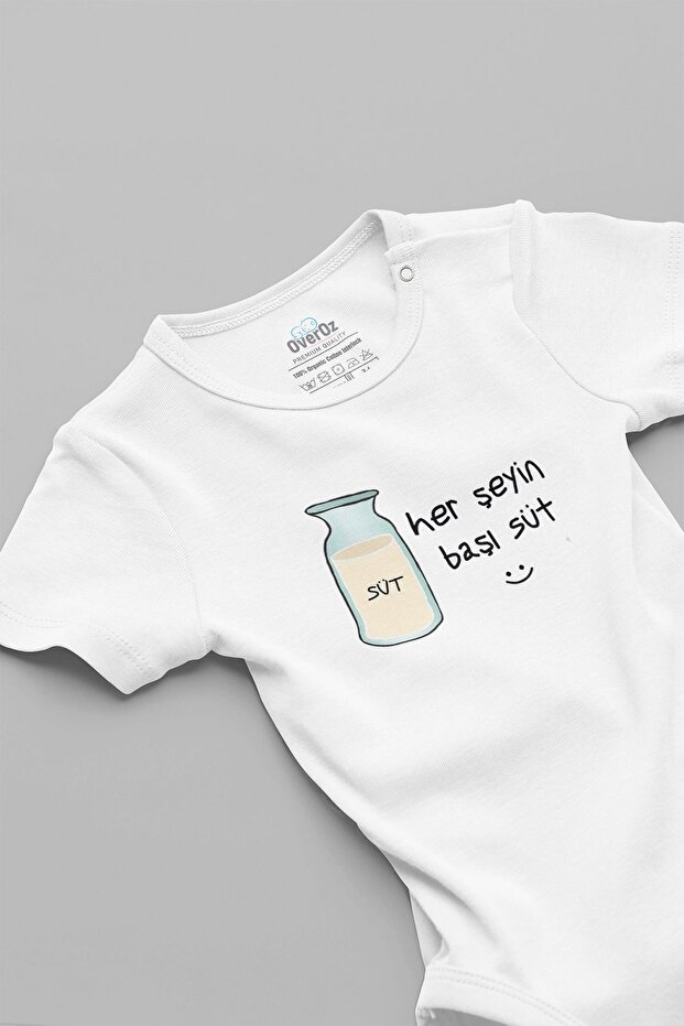 Organic %100 Cotton, Milk is the Beginning of Everything, Printed Short-Sleeved Snap-Fastened Baby Bodysuit Romper /Bodysuit 5577