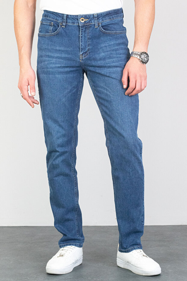 Men's Light Blue Regular Fit Pipe Leg Lycra Comfortable Cut Jean Denim Trousers Hlthe001975