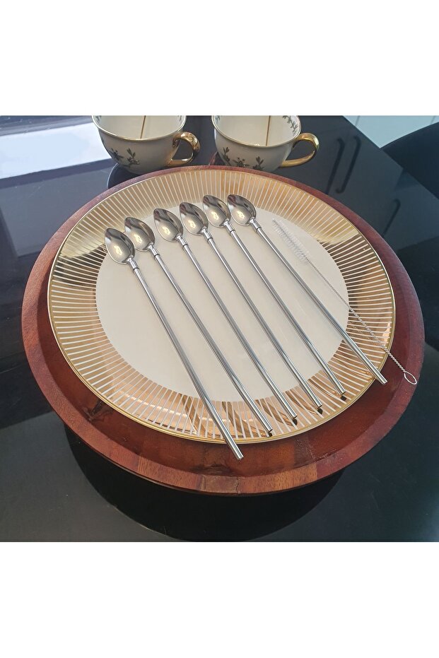 Set of 6 Stainless Chrome Straw Cocktail Bar Spoons and Cleaning Brush, Latte Spoon with Straw 22 Cm