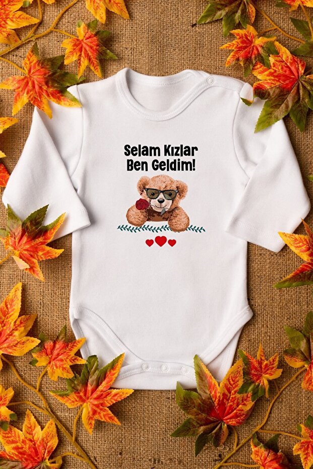 Organic %100 Cotton Teddy Bear Hello Girls, I'm Here Baby Bodysuit Long Sleeve Snap-Fastened Button Bodysuit 5346