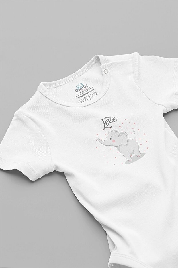Organic %100 Cotton Love Elephant Printed Snap-Fastened Baby Bodysuit Bodysuit 5692