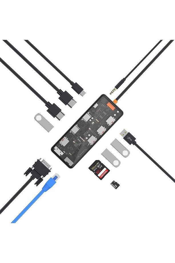 CB012 Cyber 12 in 1 Type-C Hub 100W Şarj Destekli Şeffaf SD Kart-RJ45-Hdmi-VGA-Usb Çoğaltıcı - 2