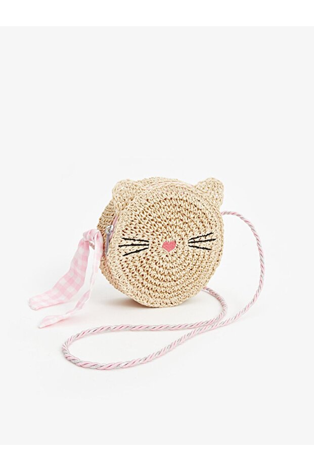 Pink Cat Figured Straw Shoulder Bag for Girl - with Ribbon Detail, Diameter 17