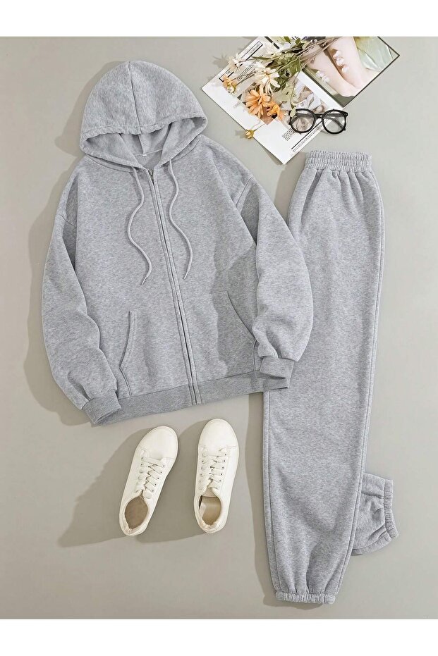 Zippered Tracksuit Set - Zippered Hooded Sweatshirt & Jogger Sweatpants
