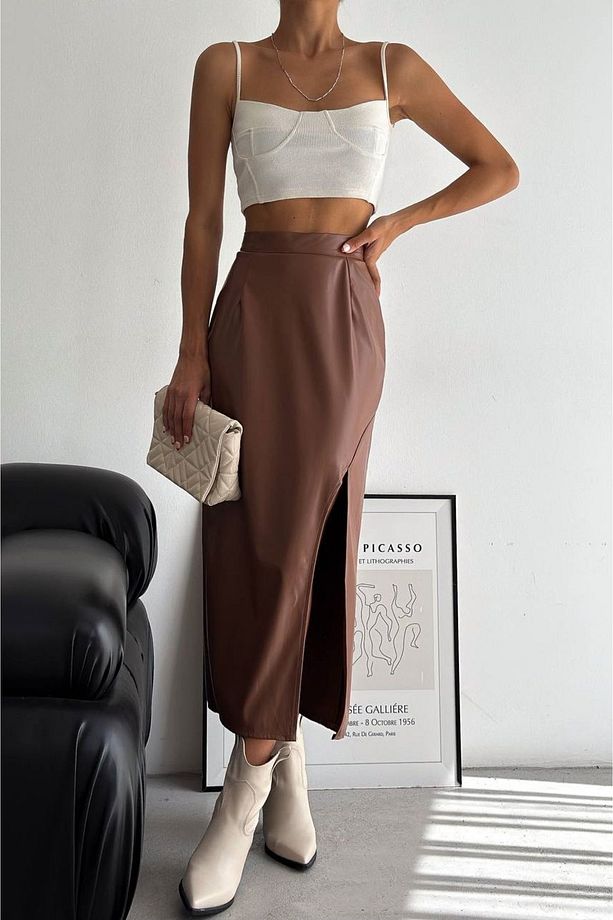 Taba Yırtmaçlı Beli Lastikli Pensli Mevsimlik Uzun Deri Etek 89 Cm - 5