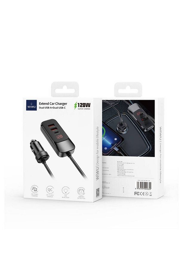 Kablolu Araç Şarj Aleti 120W Wiwu Wi-QC015 Extend Serisi Dual Type-C + Dual USB-A Hızlı Şarj Özellik - 5