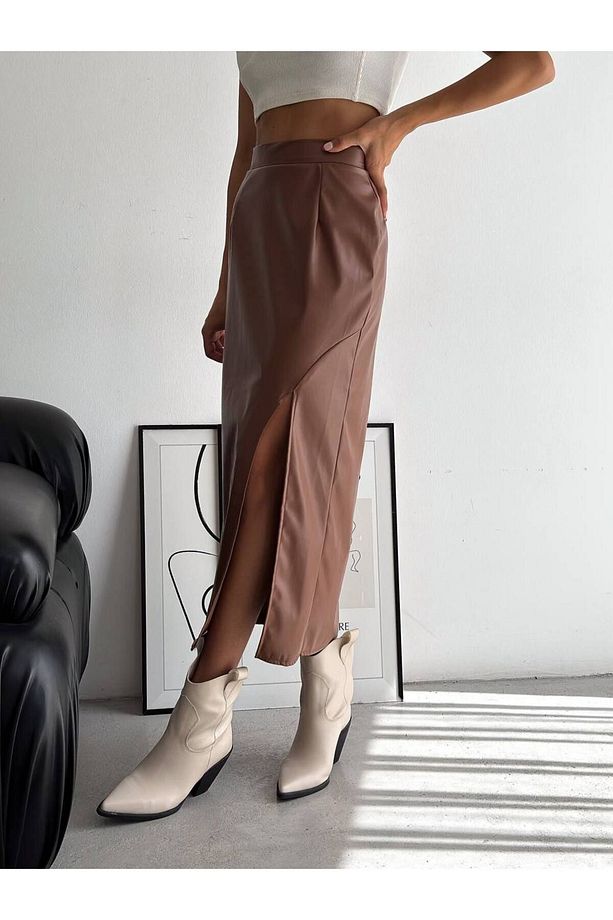 Taba Yırtmaçlı Beli Lastikli Pensli Mevsimlik Uzun Deri Etek 89 Cm - 2