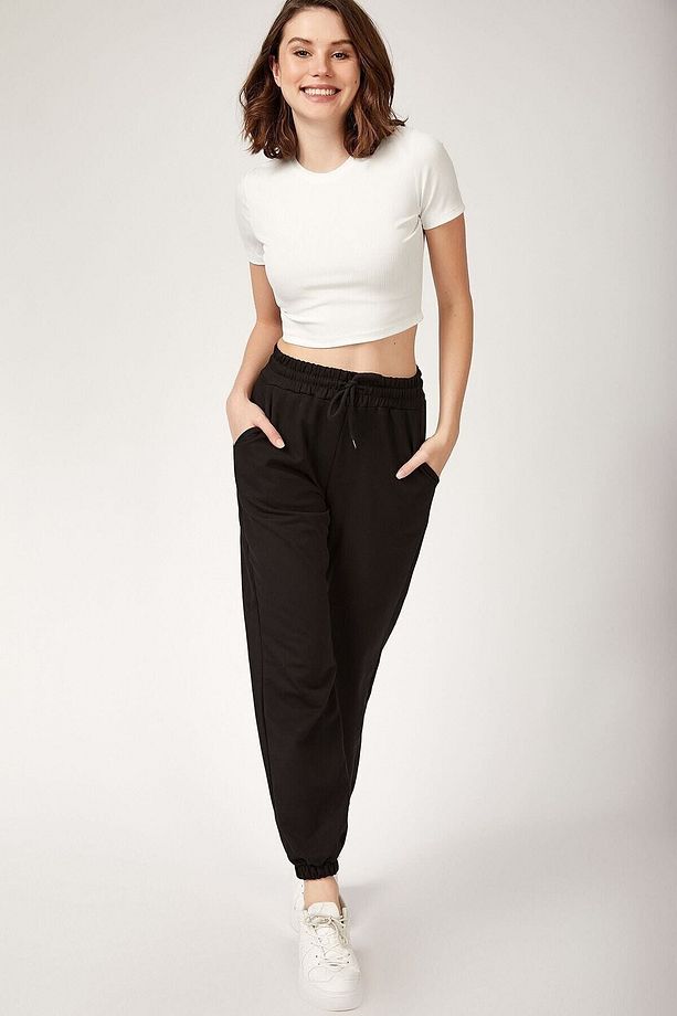 Oversize Plain Plenty Black Bağcıklı Ve Paça Lastikli Sade Eşofman Altı - Siyah - 1