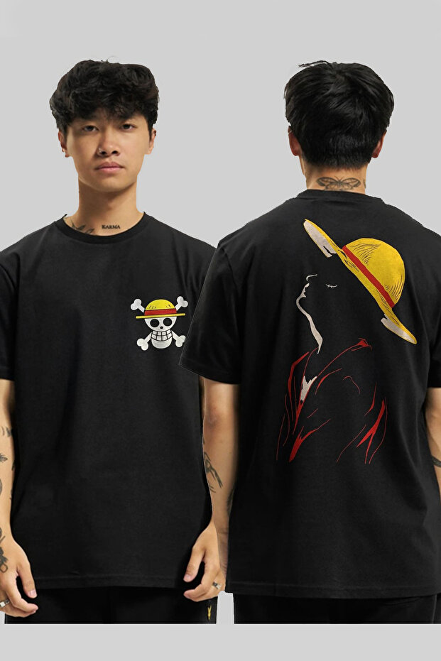 تي شيرت One Piece Monkey D. Luffy Silhouette مطبوع من الأمام والخلف برقبة دائرية للجنسين
