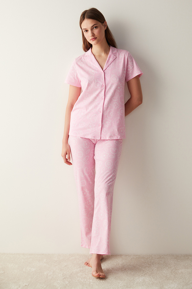 Base Flowers Pink Shirt Pants Pajama Set