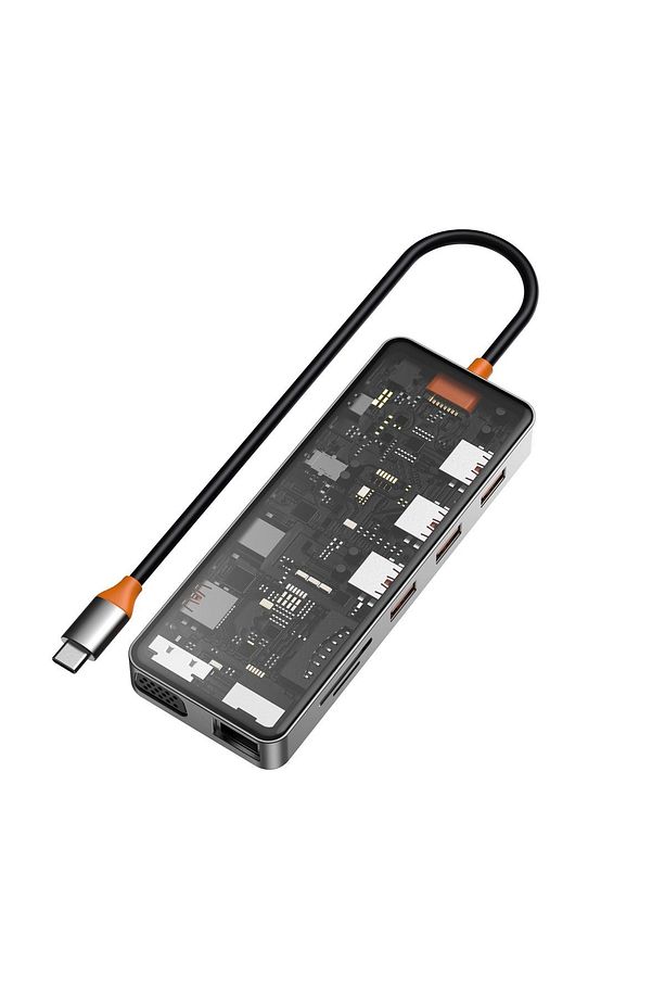 CB011 Cyber 11 in 1 Type-C Hub 100W Şarj Destekli Şeffaf SD Kart-RJ45-Hdmi-VGA-Usb Çoğaltıcı - 1