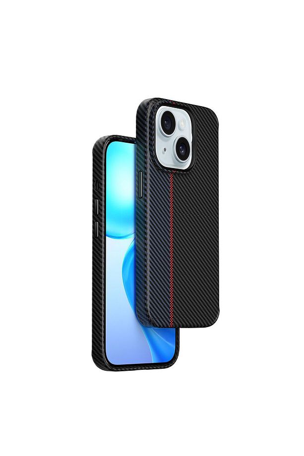 iPhone 15 Plus Uyumlu Kılıf Wiwu LCC-107 Karbon Fiber Magsafe Şarj Özellikli Kabon Kapak Siyah-Mavi - 2