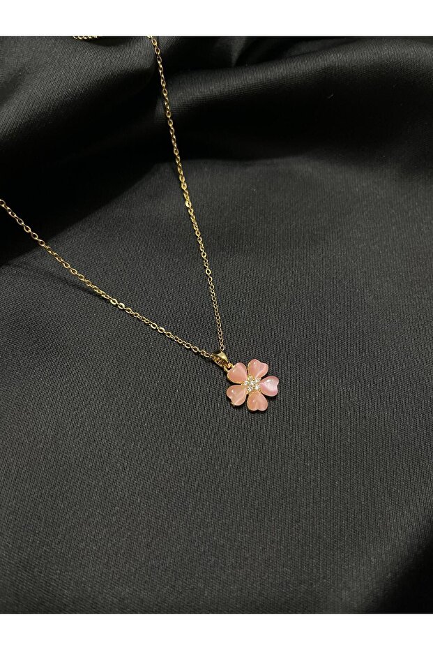 Çelik Gold Pembe Çiçek Kolye