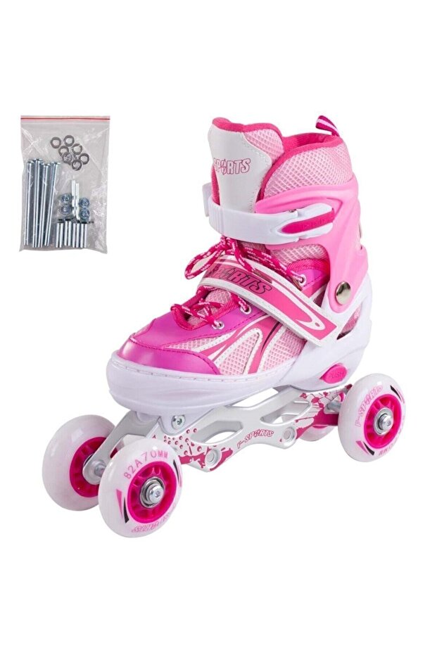 Furkan Toys F-sports Pembe Ayarlabilir 2+2 Işıklı Metal Alıştırma Pateni Çanta