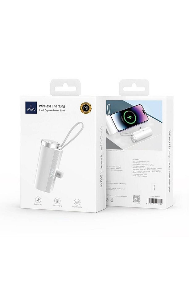 Mini Powerbank Type-C PD Wiwu Wi-W026 Capsule Serisi 2in1 Taşınabilir Standlı Askılı 5000mAh Beyaz - 5