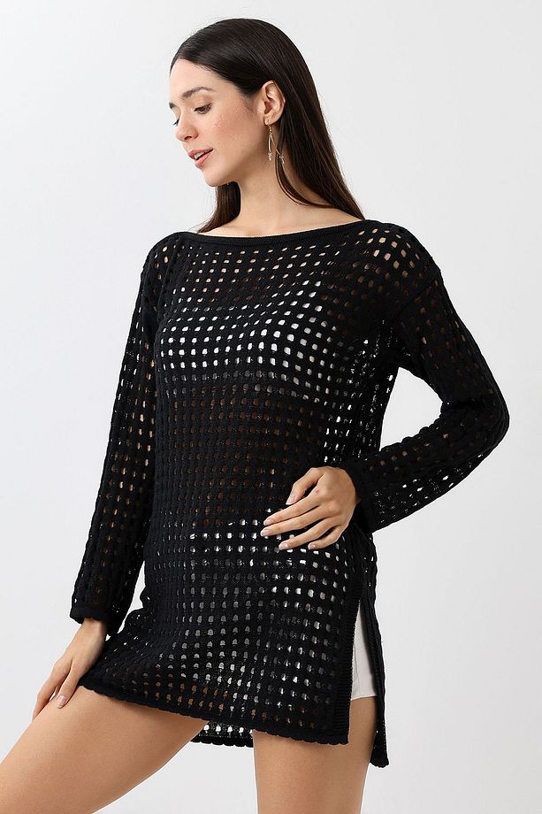 Kadın Siyah Oversize Ajurlu Yazlık Elbise - 5