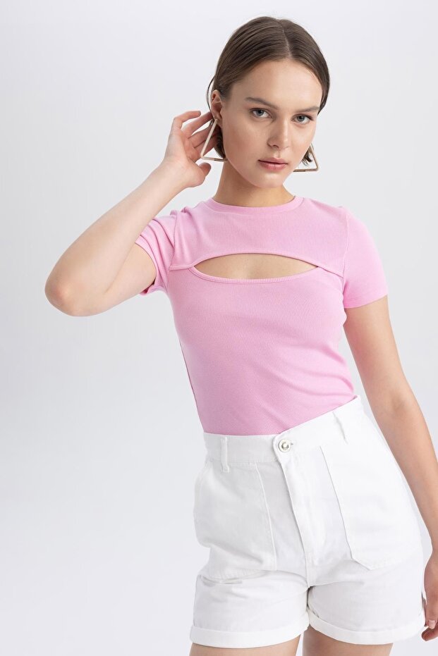 Fitted Crew Neck Ribbed Knit Corded Fabric Sleeve T-Shirt A7825ax23sm