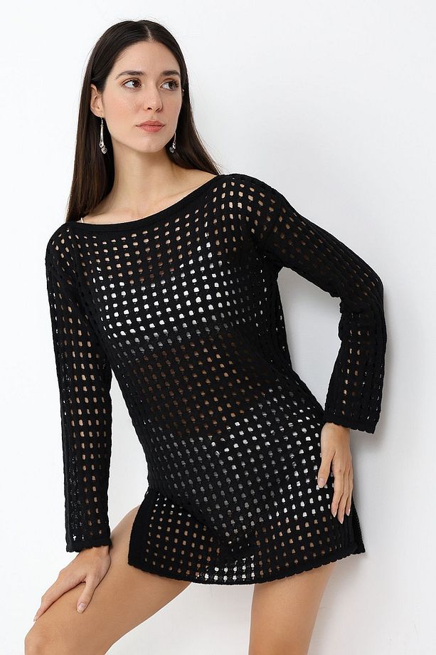 Kadın Siyah Oversize Ajurlu Yazlık Elbise - 1
