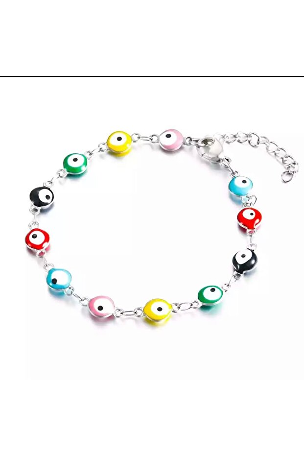 Colorful Evil Eye Beaded Steel Bracelet (silver Color)