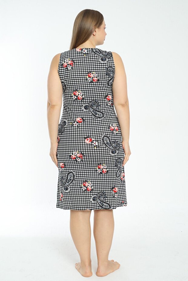 Patterned Pocketed Strap Cotton Plus Size Dress - 4