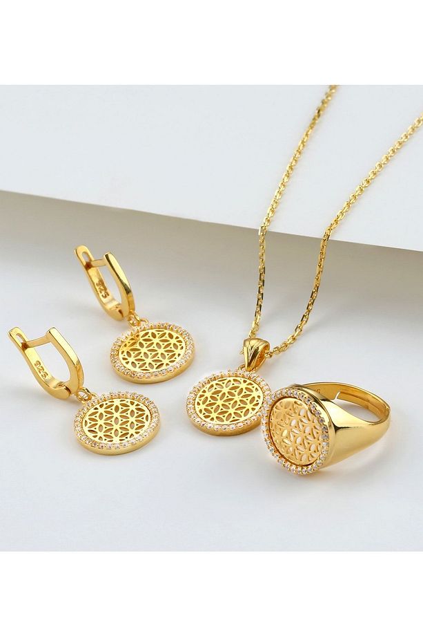 Kadın 925 Gümüş Set Yüzük Kolye Ve Küpe 14k Kaplama Hasır Modeli Yüksek Kalite - 2