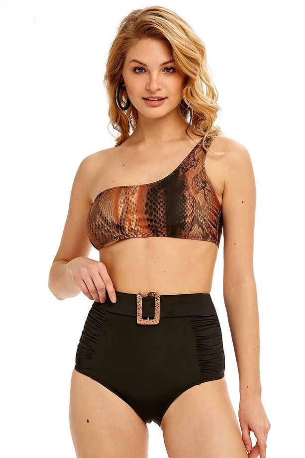 Kahve Krokodil Desenli Tek Omuz Bikini Takımı - 2
