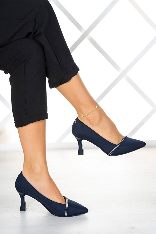 Darla Navy Blue Crepe Stone Evening Dress Shoes 6 Cm.
