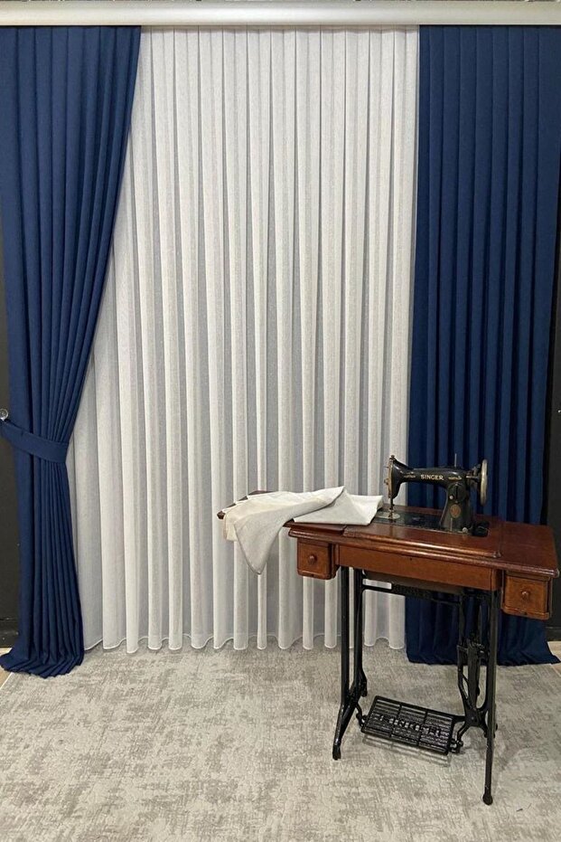 Linen Background Curtain 1 Piece Single Wing 1 X 2.5 Pleat Navy Blue Color Renso