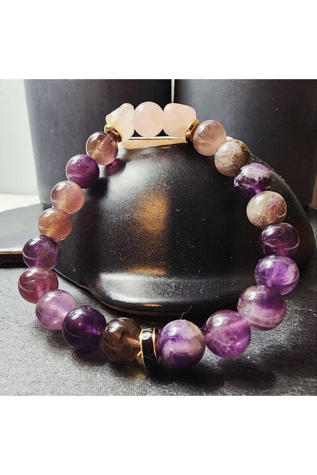 Amethyst and Pink Quartz Natural Stone Women's Bracelet - Love, Love, Positive Energy