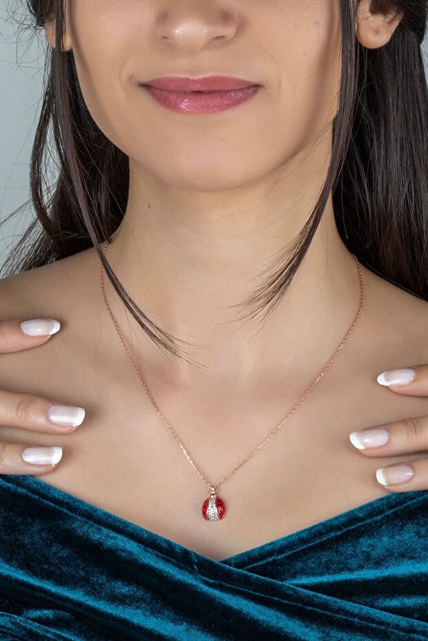 Kadın Pembe Mineli Uğur Böceği Gümüş Kolye - 1